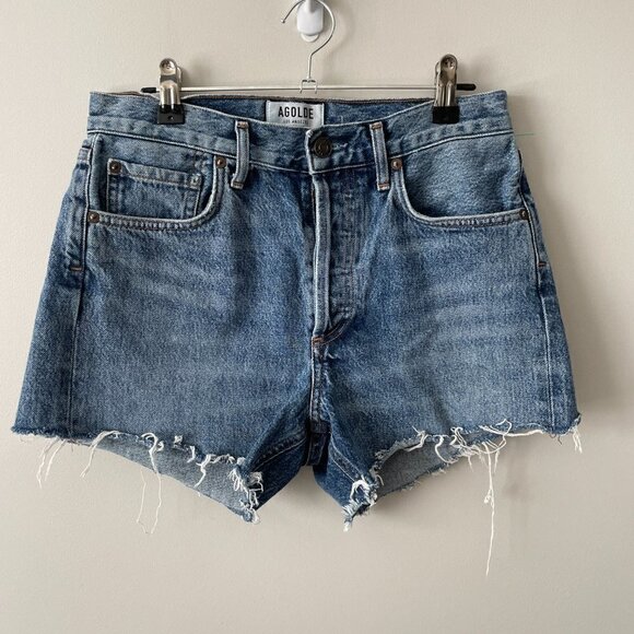 Agolde Parker Denim Shorts Caution Blue Raw Hem Mid-Rise Medium Wash  24 - Picture 2 of 9